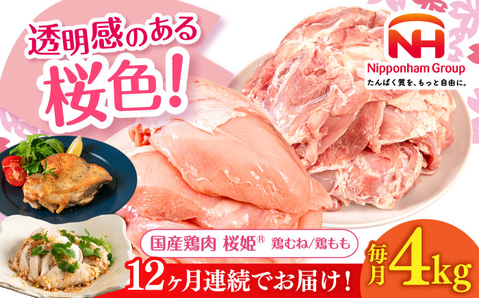 【全12回定期便】桜姫 鶏むね＆鶏ももセット 計4kg （鶏むね・鶏もも 各2kg）《厚真町》【東日本フード株式会社】 桜姫 鶏肉 鶏 とり肉 もも肉 鶏もも むね肉 鶏むね 冷凍 北海道 [AXBM047]