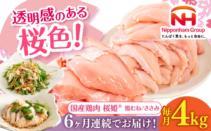 【全6回定期便】桜姫ヘルシーセット 計4kg（鶏むね・ささみ 各2kg）《厚真町》【東日本フード株式会社】  国産 むね肉 ムネ ささみ ささみ肉 冷凍 北海道 [AXBM060]