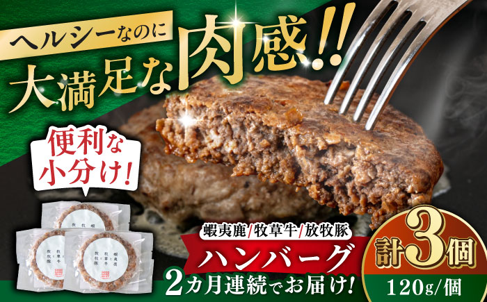 【全2回定期便】 【蝦夷鹿×牧草牛×放牧豚】ハンバーグ 3個 《厚真町》【GOODGOOD株式会社】 ハンバーグ 鹿肉 牛肉 豚肉 小分け 冷凍配送 北海道 [AXBP014]