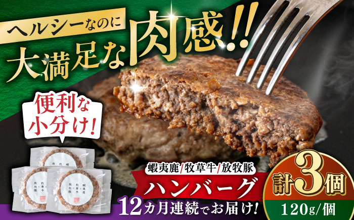 【全12回定期便】 【蝦夷鹿×牧草牛×放牧豚】ハンバーグ 3個 《厚真町》【GOODGOOD株式会社】 ハンバーグ 鹿肉 牛肉 豚肉 小分け 冷凍配送 北海道 [AXBP017]