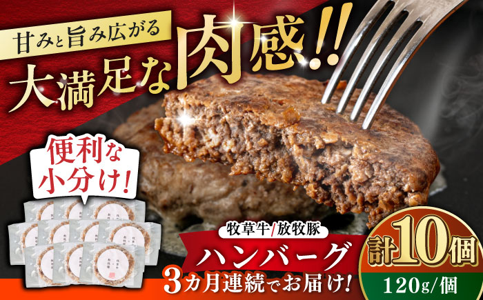 【全3回定期便】【牧草牛×放牧豚】ハンバーグ 10個《厚真町》【GOODGOOD株式会社】 ハンバーグ 牛肉 豚肉 小分け 冷凍配送 北海道 [AXBP039]