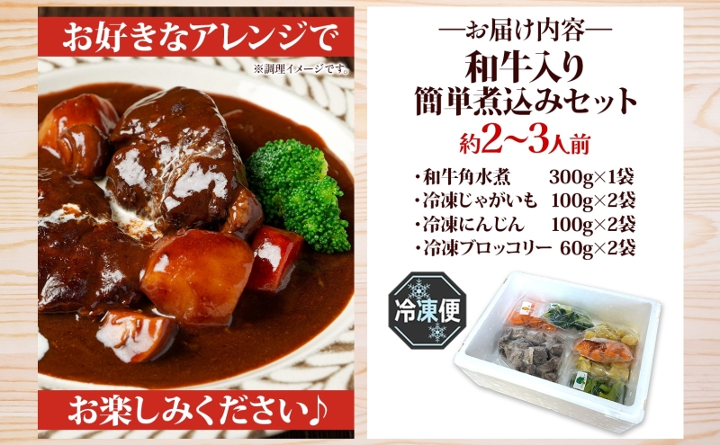 和牛入り 簡単煮込み セット 約2～3人前 和牛 水煮 冷凍野菜 野菜 じゃがいも にんじん ブロッコリー ポトフ カレー シチュー 煮込み 料理 時短 簡単 冷凍 送料無料 とうやマルシェ 北海道 洞爺湖町