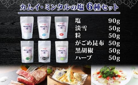 北海道 噴火湾 窯焚自然塩 カムイ・ミンタルの塩 6種セット プレーン 淡雪 粒 がごめ昆布 黒胡椒 ハーブ スタンド袋 自然塩 塩 ソルト おにぎり 東洋炉材 送料無料