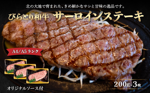 【12/24まで年内発送】【A4/A5ランク黒毛和牛】びらとり和牛サーロインステーキ200ｇ3枚オリジナルソース付 BRTB002
