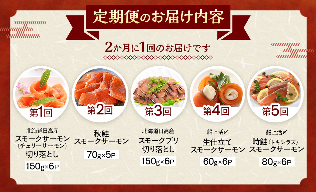 【大容量よくばり定期便】北海道日高産 スモークサーモン豪華5回お届けセット[15-1532]