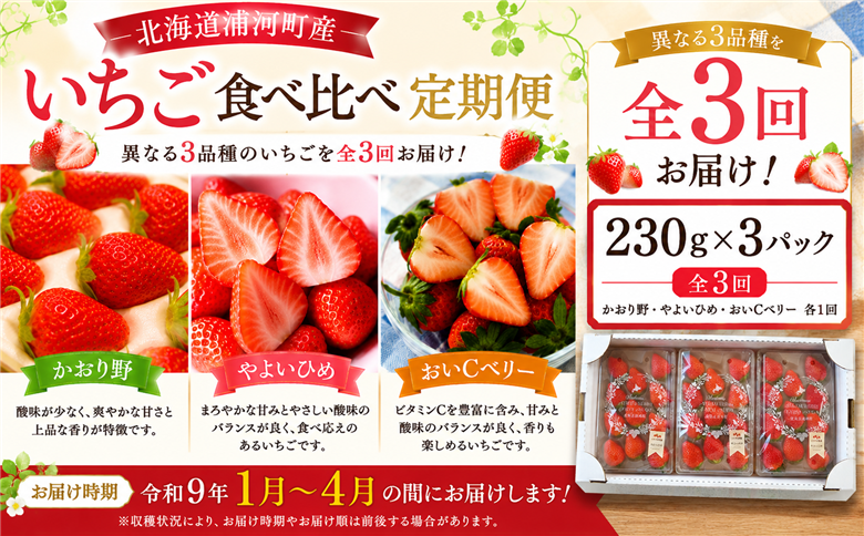 【令和9年1月～4月発送！】北海道浦河町産いちご食べ比べ定期便(全3回)[13-1629]