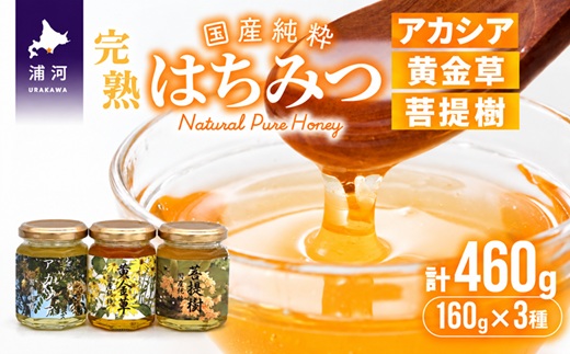 国産純粋完熟はちみつ小瓶セット(アカシア・黄金草・菩提樹)[16-1001]