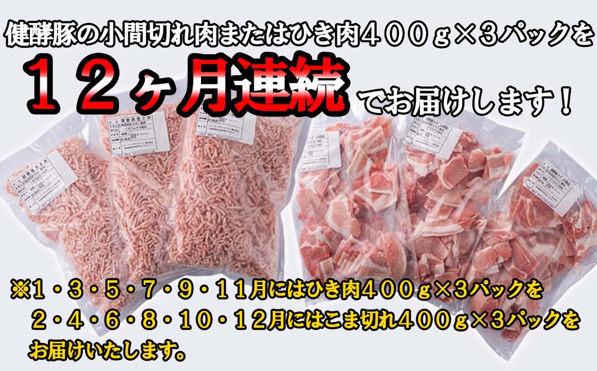 ＜定期便12回＞ 北海道産 健酵豚 小間切れ ＆ ひき肉 計 1.2kg