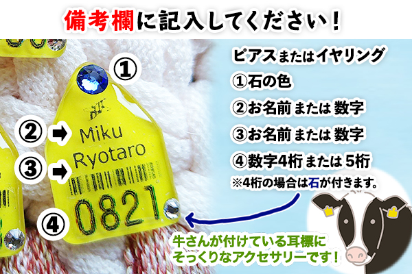 北海道 耳標 牛 ピアス イヤリング 選べる オリジナル アクセサリー 藤内牧場 ハンドメイド セミオーダー 名前 イニシャル アルファベット 数字 入り 手作り スワロフスキー プレゼント 送料無料 十勝 士幌町【U02】