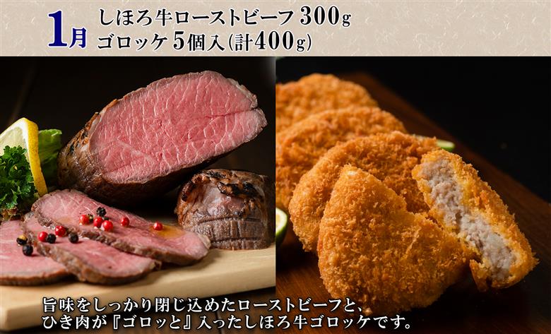 【定期便】北海道 プレミアム 定期便 全6回 リブロース スライス サーロイン ローストビーフ ゴロッケ 北秀牛 ハンバーグ ポテトチップス アイス コロッケ 肉 冷凍 頒布 送料無料 十勝 士幌町 【X25-2】