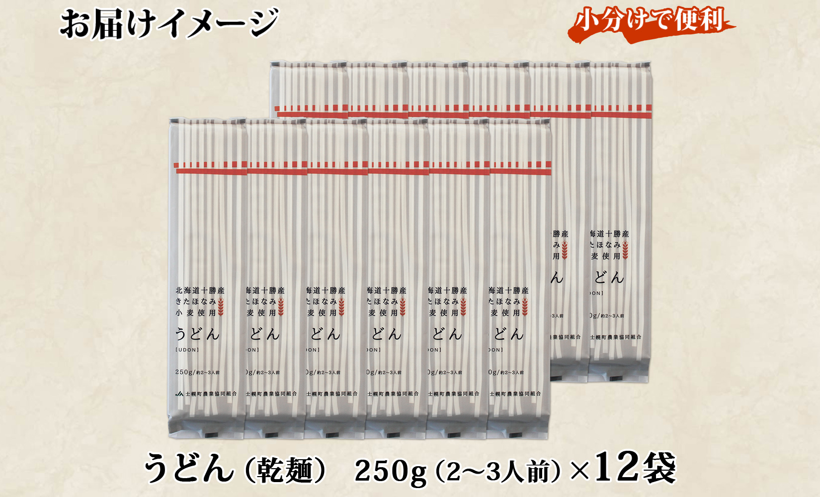 北海道産 うどん 250g×12袋 2-3人前 乾麺 干しうどん 麺 めん きたほなみ 小麦使用 小分け 個包装 保存 備蓄 贈り物 ギフト 送料無料 北海道 十勝 士幌町 【N05-2】