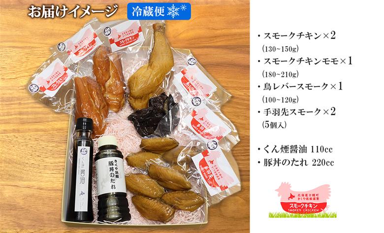 北海道 鳥スモーク くん煙醤油 豚丼のたれ セット ムネ モモ 手羽先 レバー スモーク 鶏肉 スモーク チキン 燻製 薫製  豚丼 醤油 タレ きくや旅館 送料無料 北海道 十勝 士幌町【K14】