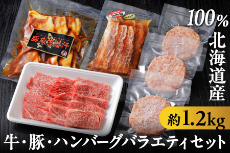 牛・豚・ハンバーグのバラエティセット[計1.2kg]ニークファクトリー 北海道 牛肉 豚肉 冷凍ハンバーグ ロース 味付きカルビ 十勝産豚ジンギスカン 焼肉 道産和牛100%ハンバーグ