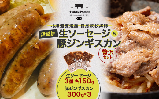 鹿追産 自然放牧黒豚 生ソーセージ(3種各150g)＆豚ジンギスカン(300g×3)の贅沢セット【配送不可地域：離島】