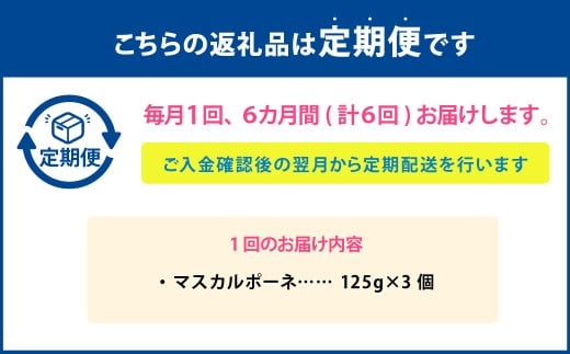 【6ヶ月定期便】 マスカルポーネ 125g×3個 セット 計18個 チーズ マスカルポーネチーズ フレッシュチーズ 乳製品 冷蔵 [027-0123]