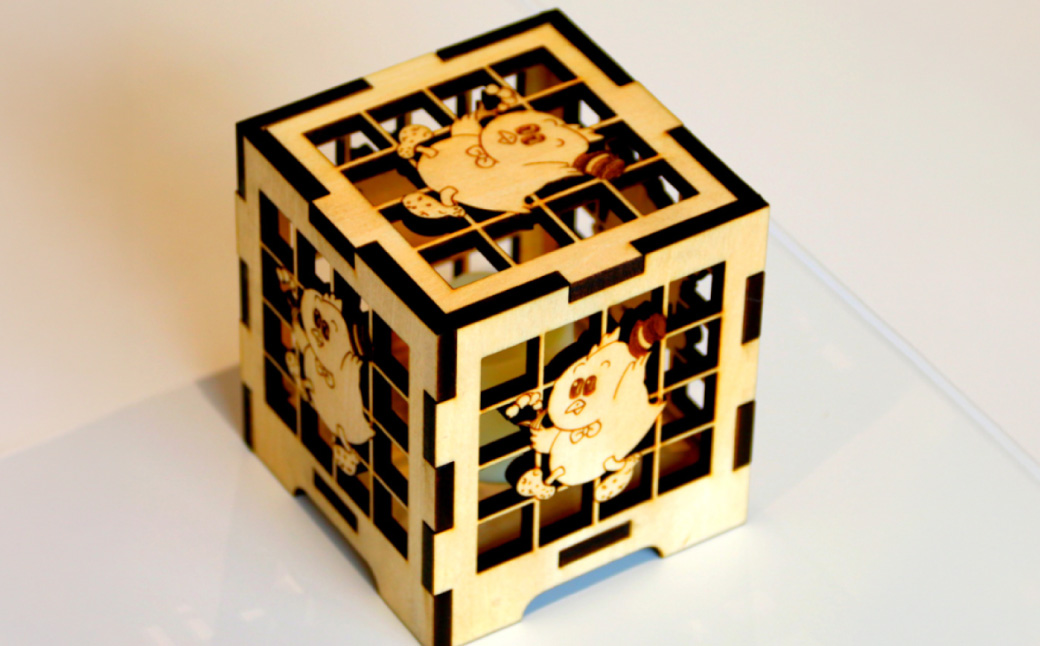 木製キューブ型 LEDランタン ☆ 村のマスコット「ピータン」入り☆[AG1-1B]