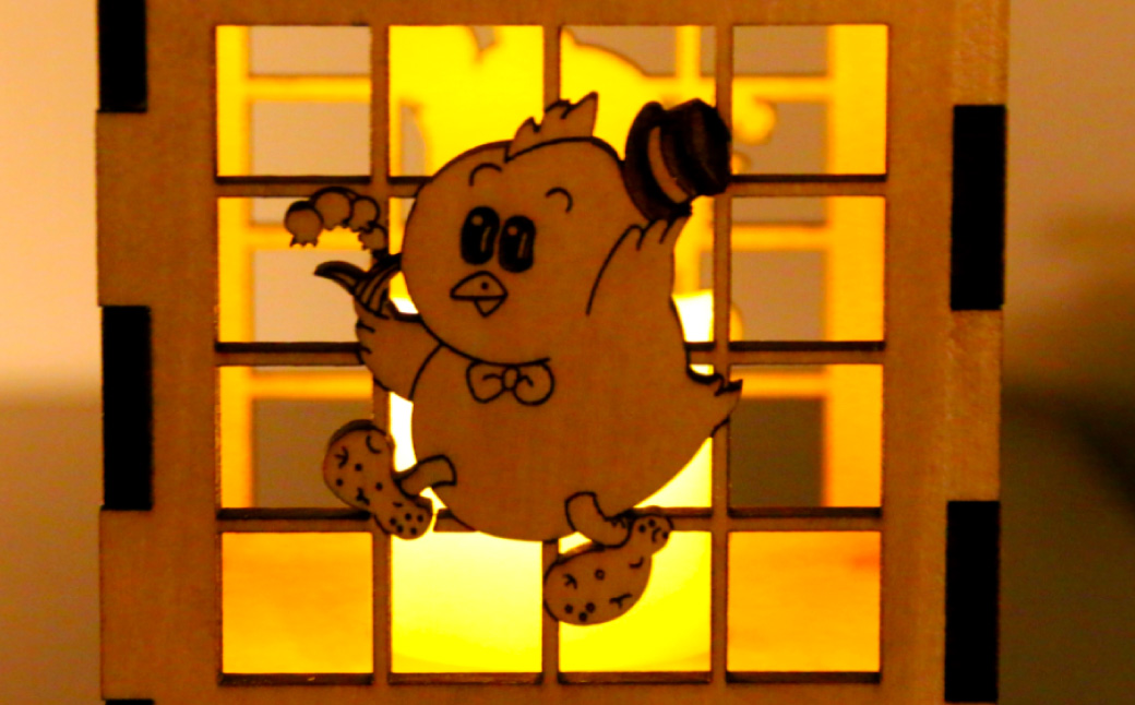 木製キューブ型 LEDランタン ☆ 村のマスコット「ピータン」入り☆[AG1-1B]