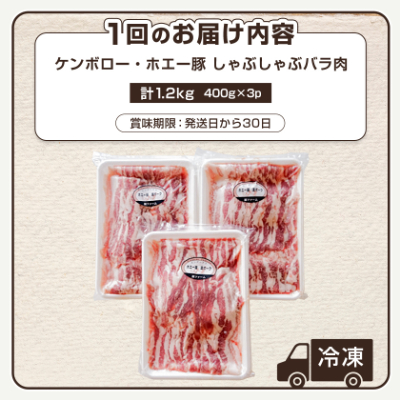 【毎月定期便】北海道十勝産 ホエー豚 しゃぶしゃぶバラ肉1.2kg(400g×3パック)全3回【配送不可地域：離島】