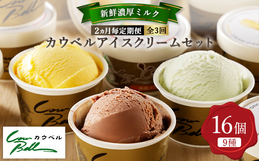 【2ヵ月毎定期便】カウベルアイスクリーム9種16個セット 新鮮濃厚ミルク 北海道産素材全3回【配送不可地域：離島】