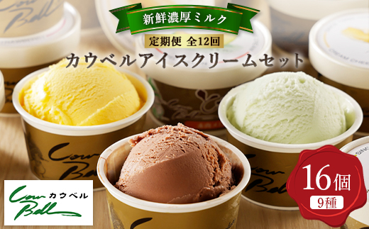 【毎月定期便】カウベルアイスクリーム9種16個セット 新鮮濃厚ミルク 北海道産素材 全12回【配送不可地域：離島】