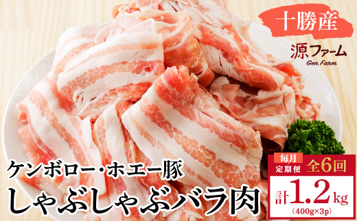 【毎月定期便】北海道十勝産 ホエー豚 しゃぶしゃぶバラ肉1.2kg(400g×3パック)全6回【配送不可地域：離島】