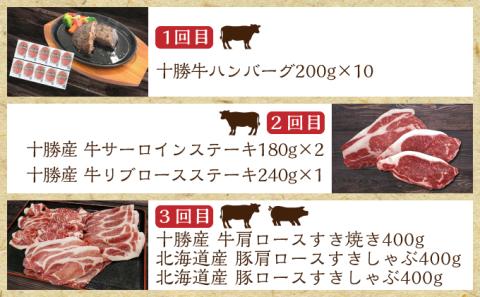 北海道 十勝のお肉屋さん 厳選 定期便 3回 ハンバーグ ステーキ ジンギスカン 惣菜 牛 羊 ラム 焼肉 BBQ バーベキュー 味付き 味付き肉 タレ 手切り アウトドア キャンプ お取り寄せ 冷凍 小分け 保存 牛肉