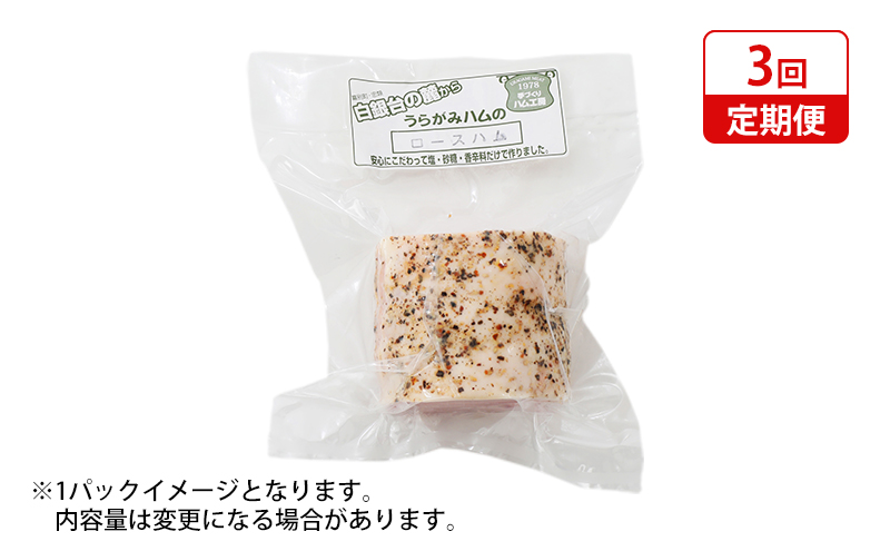定期便 全3回 / 十勝の無添加豚 ロースハムブロック 感謝の500g 計1.5kg［うらがみミート］ 無塩せき 保存料・結着剤不使用【 ハム ロース 肉 豚 国産 惣菜 おつまみ 料理 燻製 加工品 北海道 十勝 幕別 】