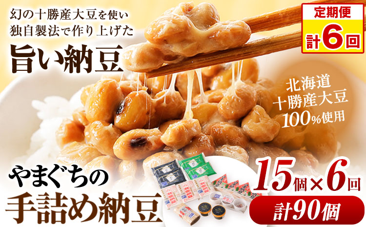 6ヶ月定期便 北海道十勝産大豆 やまぐちの手詰め納豆 15個セット 合計90個お届け 有限会社やまぐち醗酵食品 《お申込み月の翌月から出荷開始》 北海道 本別町 国産納豆 朝食 納豆 健康 詰合せ お取り寄せ ご飯のお供 計6回お届け 定期便 送料無料---hsh_fyhtntei_23_75500_mo6num1---