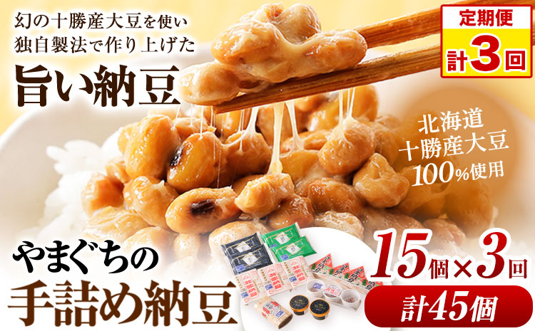 【定期便】計3回お届け 北海道十勝産大豆 やまぐちの手詰め納豆 15個セット 合計45個お届け 有限会社やまぐち醗酵食品 《お申込み月の翌月から出荷開始》 北海道 本別町 国産納豆 朝食 納豆 健康 詰合せ お取り寄せ ご飯のお供 定期便 送料無料---hsh_fyhtntei_23_35000_ev2mo3num1---