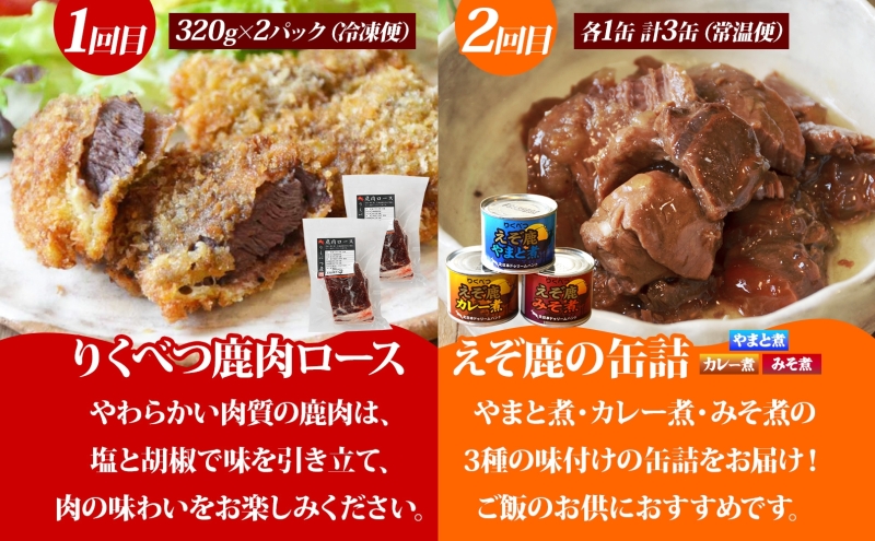 4か月定期便 りくべつの鹿肉堪能セット 鹿肉ロース 缶詰3缶 鹿カレー 鹿ヒレ肉 月替わり 鹿肉 しか肉 ジビエ 野生100％ えぞしか エゾシカ 蝦夷鹿 えぞ鹿 鹿肉料理 BBQ 堪能 北海道 陸別町