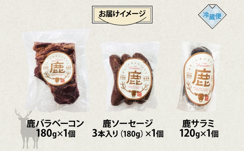 野生100％ 鹿加工肉 3種 セット ベーコン サラミ ソーセージ  燻製 黒コショウ ヘルシー 鉄分豊富 鹿バラベーコン 鹿ソーセージ 鹿サラミ エゾシカ 蝦夷鹿 鹿肉 ジビエ おつまみ 北海道 陸別町 加工食品 お肉