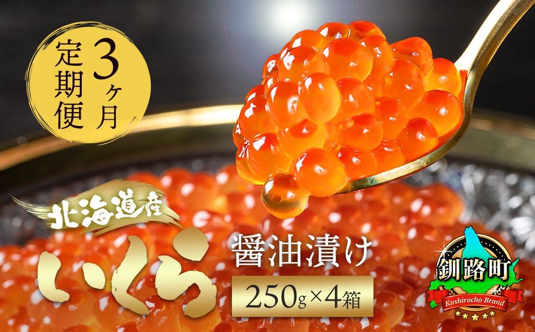 【毎月定期便】いくら醤油漬け 250g×4箱 ＜北海道産の鮭卵＞全3回【配送不可地域：離島】