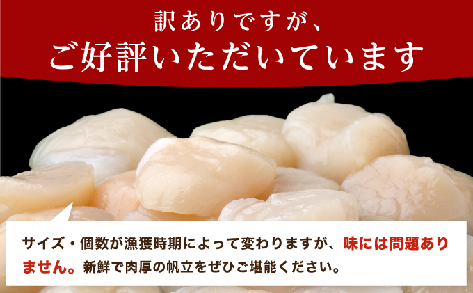 【 2ヵ月 定期便 】北海道 訳あり 冷凍 帆立 貝柱 1.1kg (各回1.1kg×2ヶ月分,合計約2.2kg)  刺身 新鮮 魚貝類