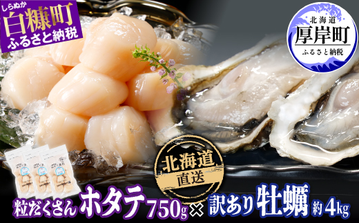 北海道 厚岸産 牡蠣 約4kg 海鮮 セット 訳あり × 北海道産 ホタテ 750g (250g×3)  ホタテ 牡蠣 ほたて 刺身  帆立 貝柱 カキ 生牡蠣 殻付 海鮮丼 魚介 貝 ふるさと 贈答用 人気 厚岸町 白糠町