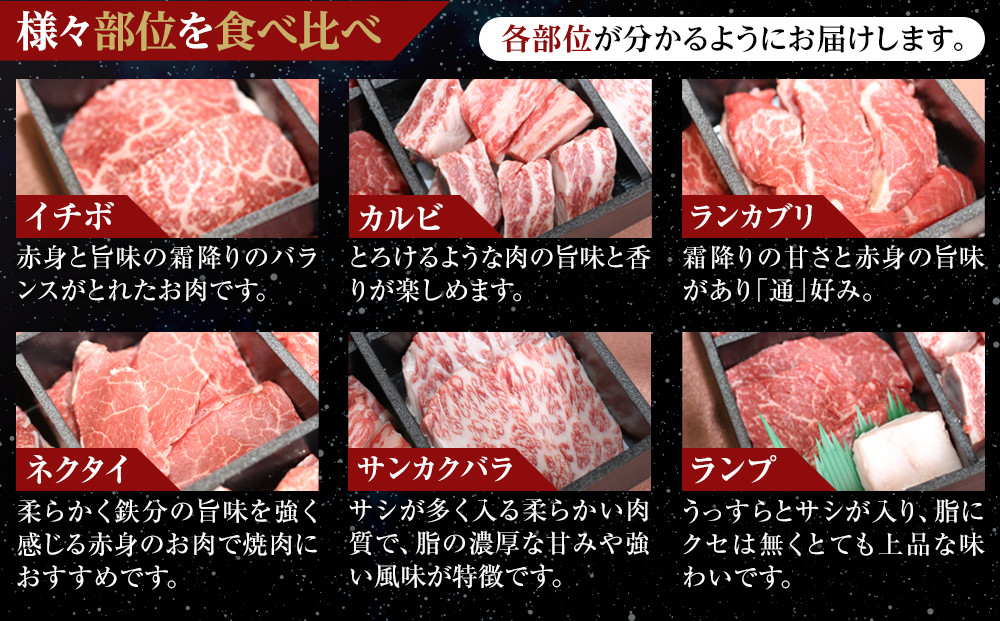 焼肉 北海道産 星空の黒牛 厳選6種 食べ比べ 約650g【 肉 にく ニク 牛肉 牛肉赤身 赤身 牛肉セット バーベキュー 冷凍牛肉 贅沢牛肉 国産牛肉 北海道産牛肉 道産牛肉 簡単 お手軽 特製牛肉 標茶町 北海道 】