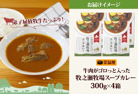3022. ビーフ スープカレー 300g 4箱 カレー ビーフカレー スープ 牛 牛肉 放牧牛 牧場 レトルトカレー レトルト食品 レトルト 湯煎 レンジ 牧之瀬牧場 送料無料 北海道 弟子屈町