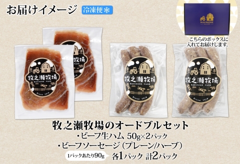 3229. 牧之瀬牧場 オードブル 生ハム 2パック ソーセージ  各1パック ビーフ プレーン ハーブ 牛 牛肉 おつまみ BBQ アウトドア 詰め合わせ 北海道 弟子屈町