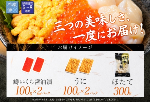 3611.うに100g×2 鱒いくら醤油漬け100g×2 ホタテ300g 3種 セット ウニ 雲丹 鱒 イクラ 醤油漬け ほたて 帆立 海鮮 冷凍 海鮮丼 送料無料 北海道 弟子屈町