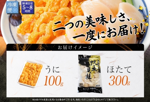 【年内配送 12月10日まで受付】3382. うに 100g ホタテ 300g セット ファミリー ウニ チリ産 冷凍 雲丹 ほたて 生ほたて 帆立 貝柱 貝 海鮮 海鮮丼 送料無料 北海道 弟子屈町