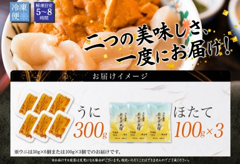 3341. 雲丹 300g ホタテ 300g 海鮮2種セット ウニ チリ産 冷凍 うに ミョウバン不使用 ほたて 貝柱 生ほたて 刺身 帆立 冷凍 海鮮 海鮮丼 お刺身 つまみ おつまみ おかず ごはんのおとも 北海道 弟子屈町