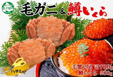 3629. 毛蟹 2尾 計700g前後 鱒いくら醤油漬け 200g 専用ハサミ・食べ方ガイド付き 毛ガニ 毛がに 蟹 カニ 鱒 いくら 醤油漬け 送料無料 北海道 弟子屈町