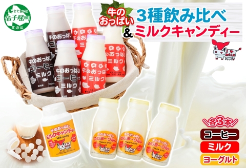 783.牛のおっぱいミルク 3本 コーヒーミルク3本 のむヨーグルト3本 計9本 おっぱいミルクキャンディー1個 セット 牛乳 生乳 ミルク 飲料 しぼりたて 珈琲 ヨーグルト 飴 北海道 弟子屈町