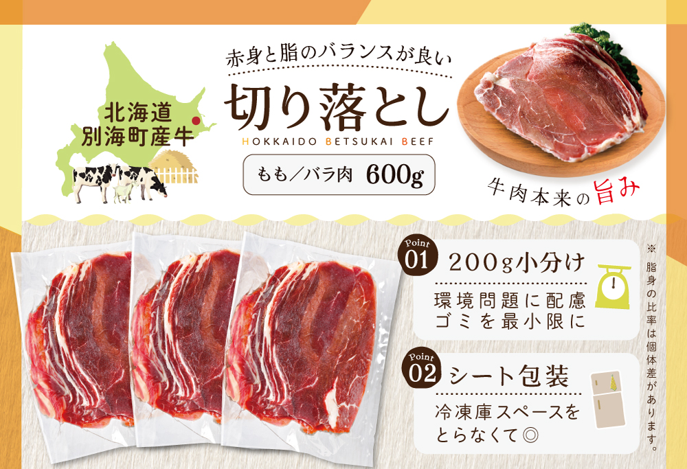 北海道 別海町 産 牛肉 切り落とし 1kg（200g×5パック）【CO0000013】
