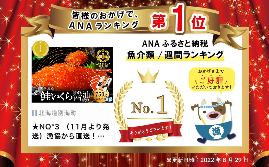御礼！ランキング第1位獲得！北海道 鮭 いくら醤油漬 750g 小分け 250ｇ×3