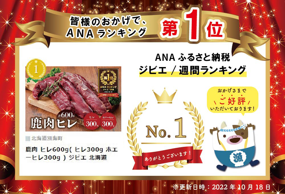 御礼！ランキング第１位獲得！ 鹿肉 ヒレ600g( ヒレ300g ホエーヒレ300g ) ジビエ 北海道 JY0000004