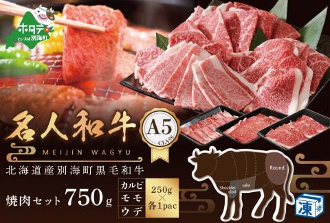 焼肉用 750g 黒毛和牛「 名人和牛」 A5クラス ( 250g×各1P ウデ、モモ、カルビセット) 北海道 焼肉 焼き肉セット 和牛 牛 赤身