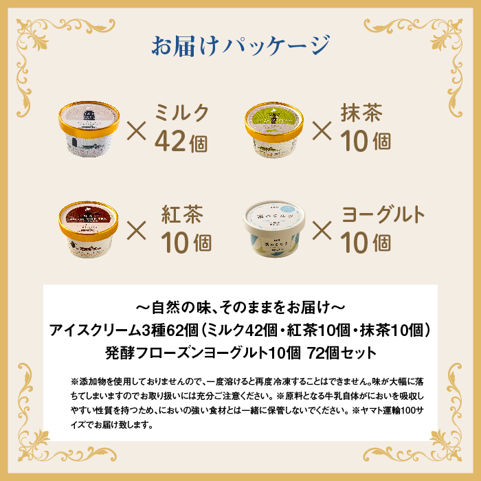 【無添加】北海道 アイスクリーム3種×62個（ミルク・紅茶・抹茶）とフローズンヨー【1107601】 計72個セット（アイス62個+ヨーグルト10個）