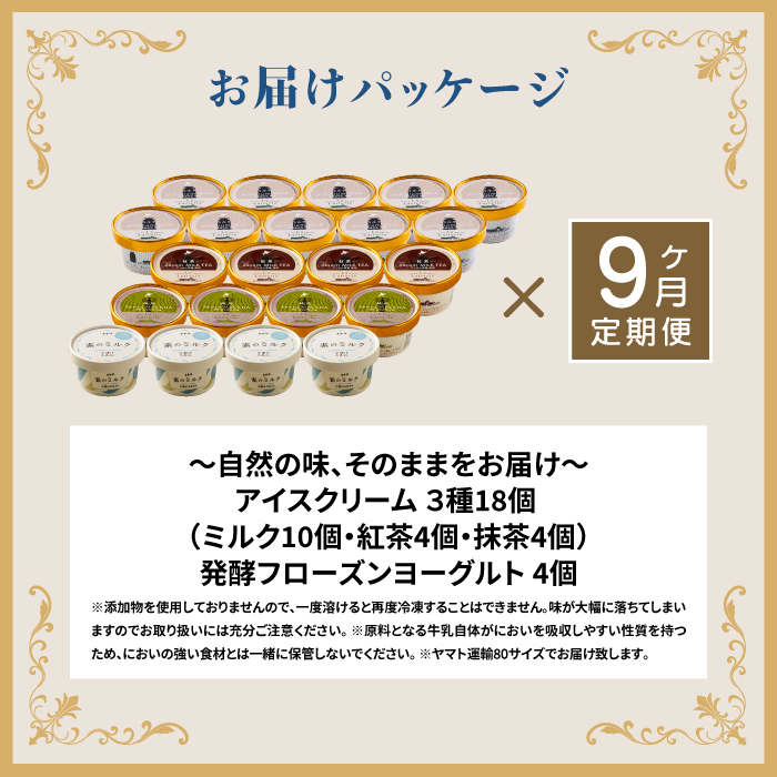 【定期便：全9回】北海道 アイスクリーム3種×18個（ミルク・紅茶・抹茶）とフローズンヨーグルト×4個セット【11159】 計22個（18個+4個）×9回