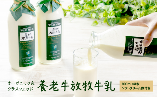 オーガニック＆グラスフェッド養老牛放牧牛乳900ml×3本 《ソフトクリーム券付き》【1300101】