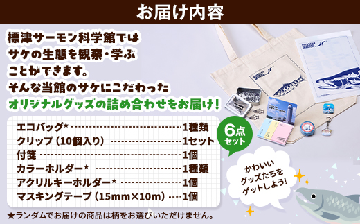 標津サーモン科学館グッズセットB　エコバッグ クリップ テープ 付箋 ファイル キーホルダー